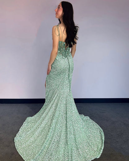 Mermaid Sweetheart Party Dress with Slit Spaghetti Straps Backless Prom Gowns