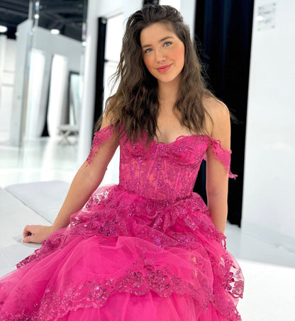 Fuchsia Tulle Lace Appliques Prom Dress