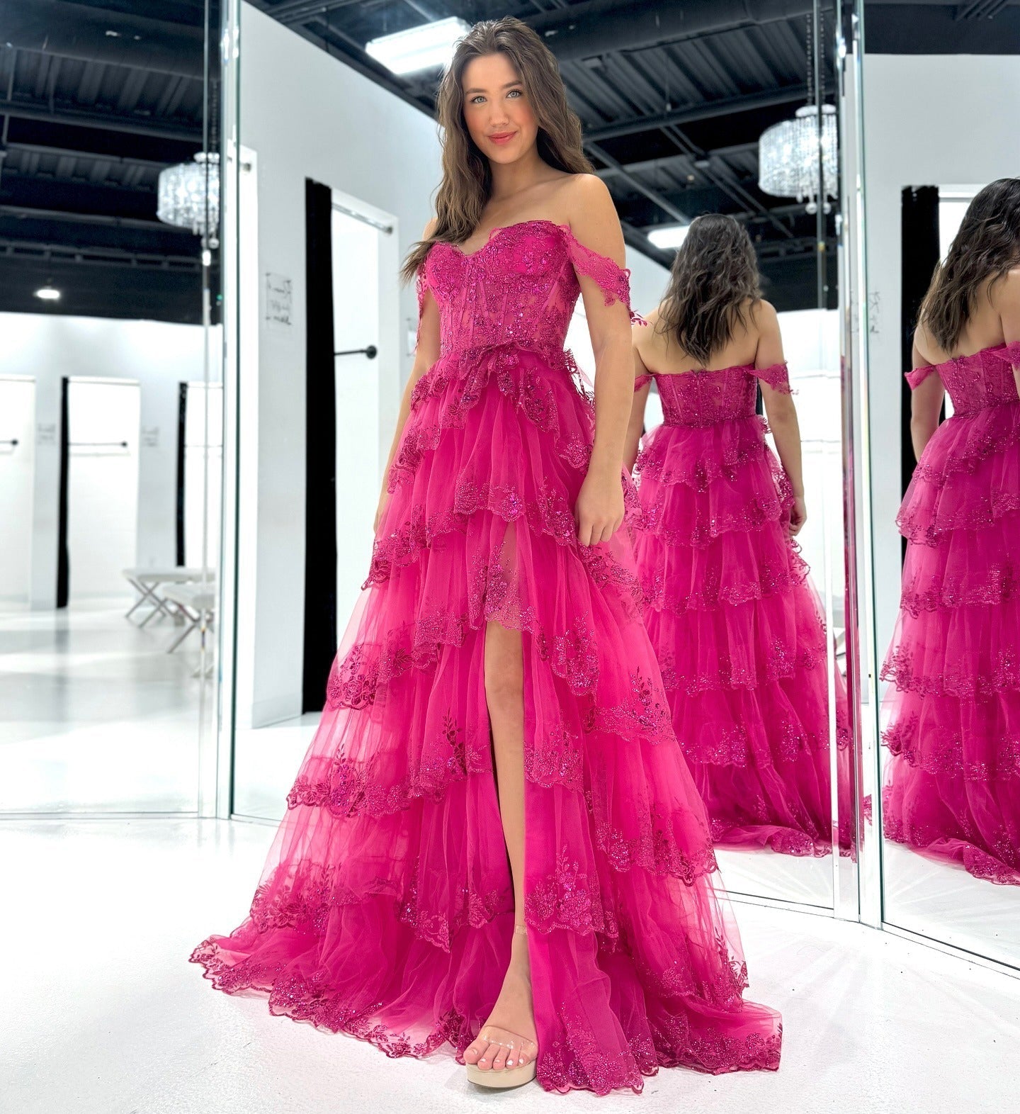 Fuchsia Tulle Lace Appliques Prom Dress