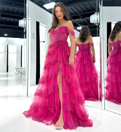Fuchsia Tulle Lace Appliques Prom Dress