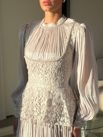 Ivory Vintage Long Sleeves Beaded Column Ruched Floor Length Formal Dress