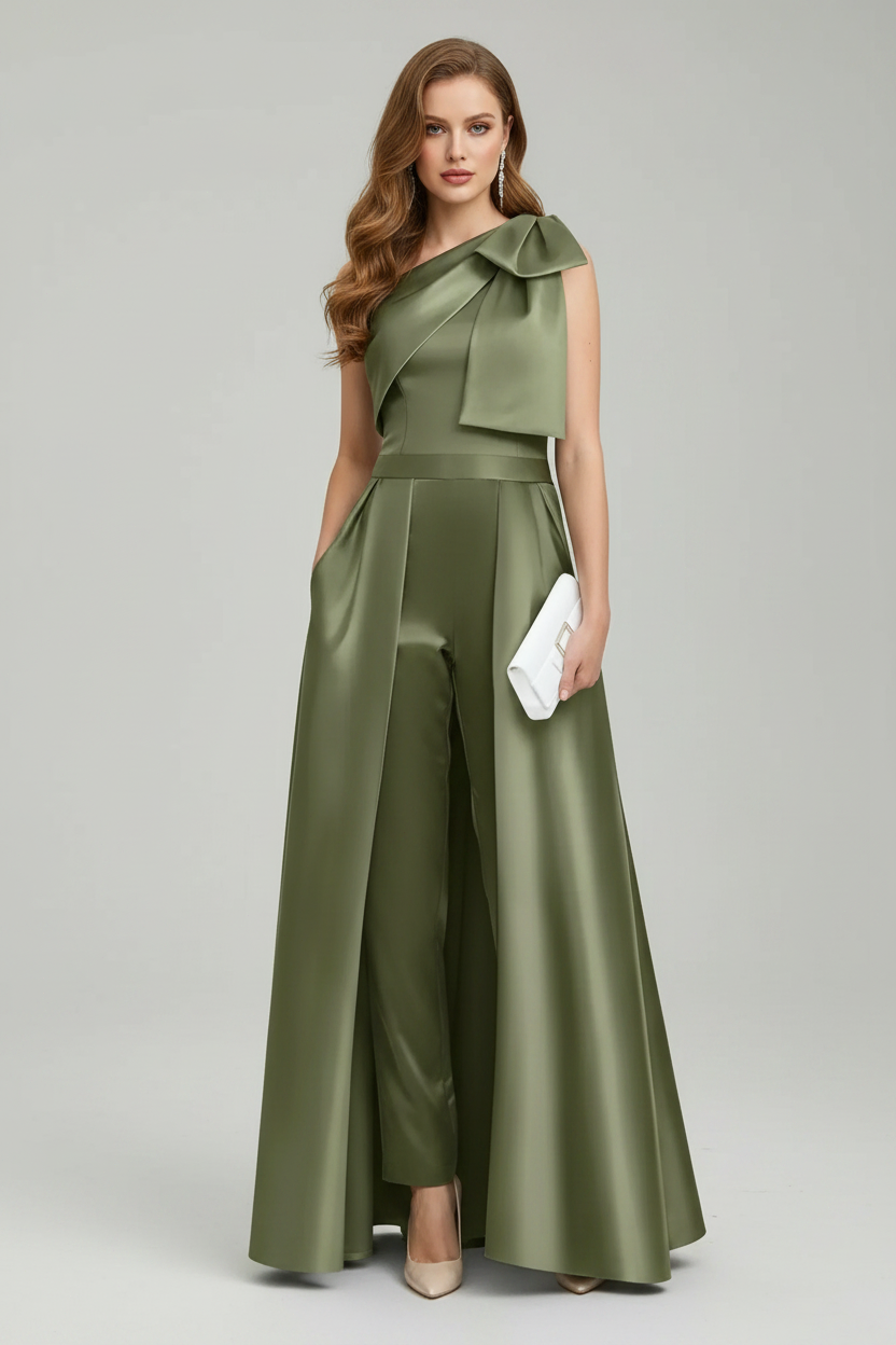 Elegant One Shoulder Satin Jumpsuit with Overskirt
