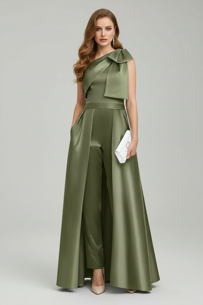 Elegant One Shoulder Satin Jumpsuit with Overskirt