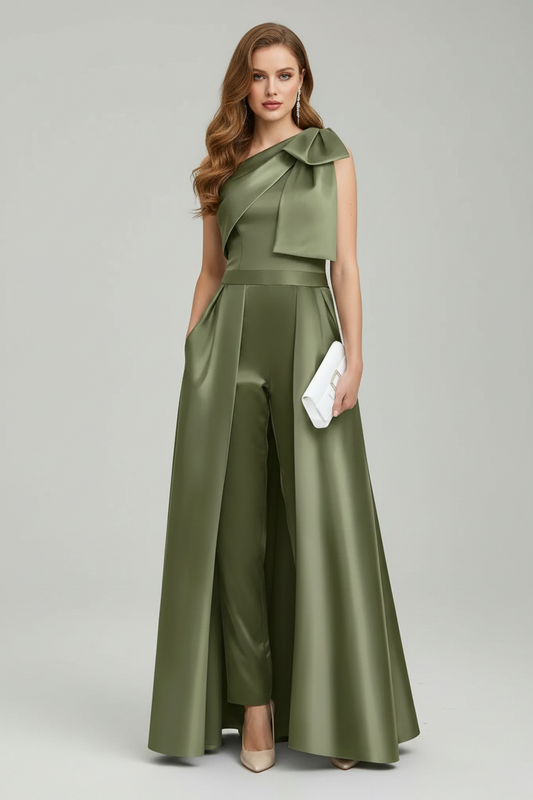 Elegant One Shoulder Satin Jumpsuit with Overskirt