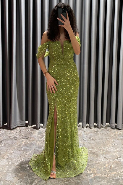 Beautiful Green Evening Dress Off-The-Shoulder Sequins With Split