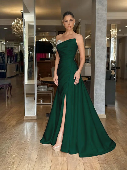 Red Strapless Beaded Pleated Long Prom Dress