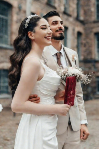 Romantic A-Line Spaghetti Strap Square Sleeveless Satin Wedding Dress