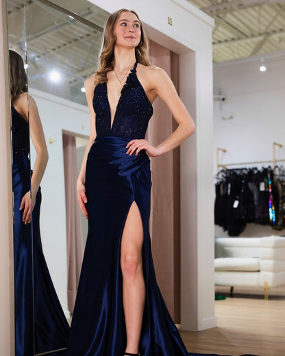 V Neck Evening Dresses Long Mermaid Satin Lace Beaded Prom Gowns