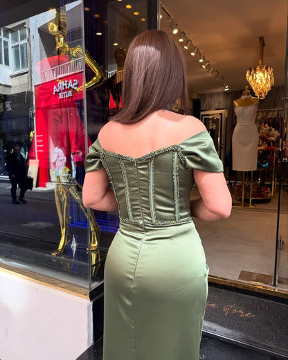 Mermaid Satin Beaded Evening Dresses Long V Neck Corset Prom Dresses