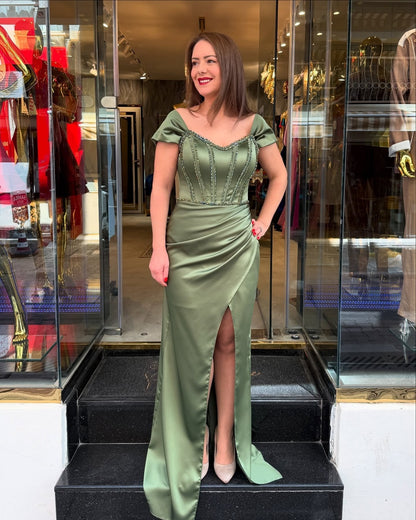 Mermaid Satin Beaded Evening Dresses Long V Neck Corset Prom Dresses