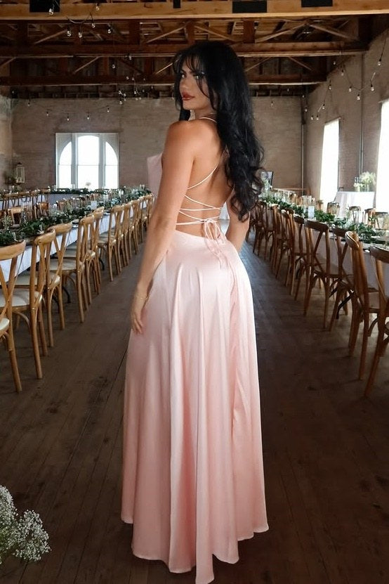 Elegant A-Line Pink Satin Sleeveless Prom Dress with Slit