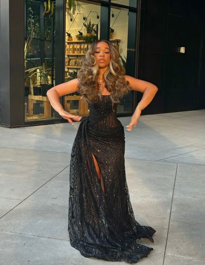 Sexy Black Lace Sequin Slit Mermaid Long Prom Dress
