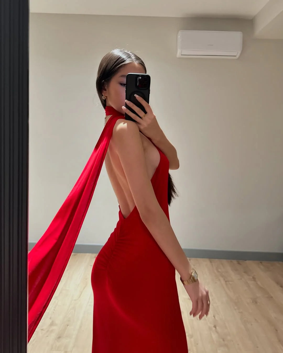 Red Halter Slim Fit Backless Prom Dress