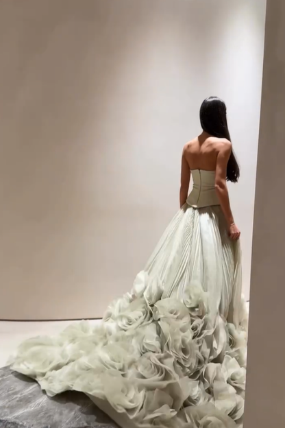 Green Pleated Long Handmade Flowers Strapless Prom Dress