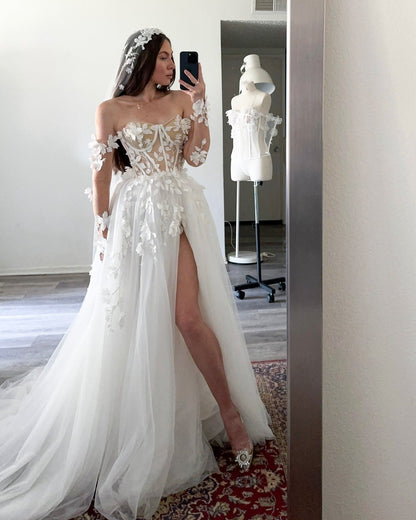 A Line Boho Wedding Dresses Tulle 3d Flowers Wedding Gown