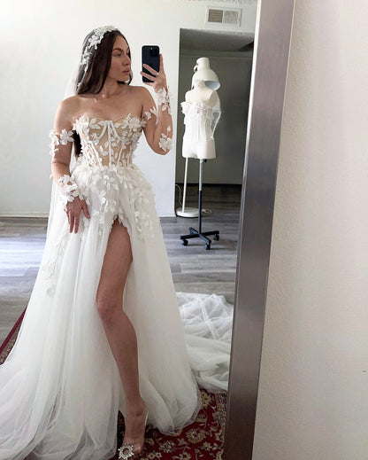 A Line Boho Wedding Dresses Tulle 3d Flowers Wedding Gown