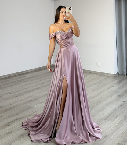 A Line Satin Beaded Prom Dresses Long Sweetheart Party Evening Gowns