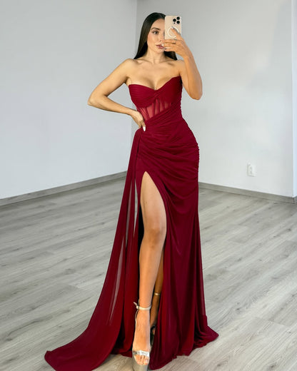 Strapless Chiffon Long Prom Dresses Sweetheart Mermaid Evening Gowns