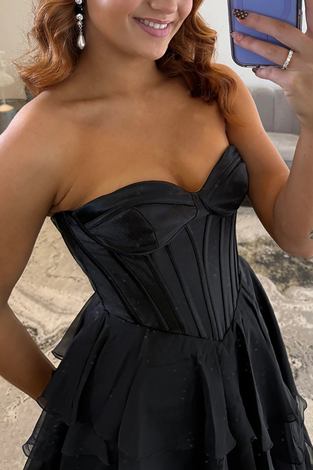 Classic Ball Gown Strapless Black Chiffon Ruffle Tiered Prom Dresses with Slit