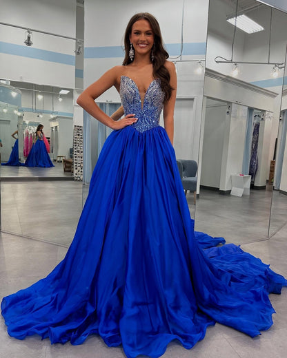 Women's Sweetheart Prom Dresses A Line Satin Beaded Corset Party Gowns