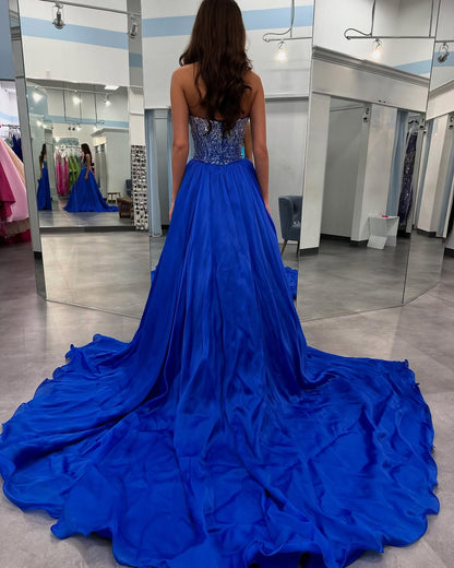 Women's Sweetheart Prom Dresses A Line Satin Beaded Corset Party Gowns