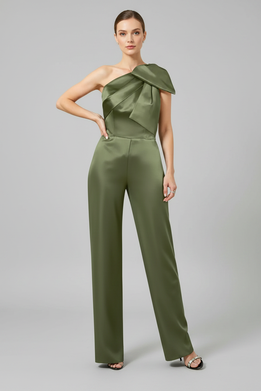 Elegant One Shoulder Satin Jumpsuit with Overskirt