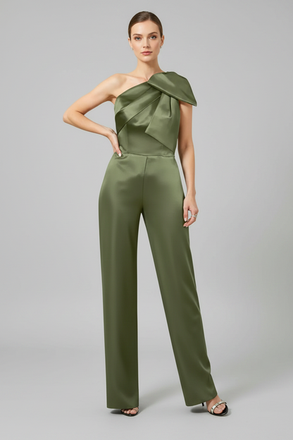 Elegant One Shoulder Satin Jumpsuit with Overskirt