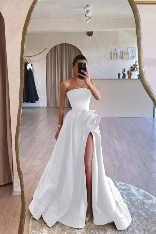 Formal Black A-Line Split Strapless Prom Dress