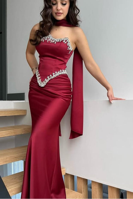 Strapless Sleeveless Long Mermaid Pleated Prom Dress With Ruffles And Appliques