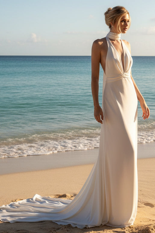 Sheath-Column Sweep-Brush Train Elastic Cloth Wedding Dress