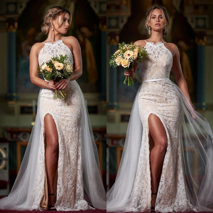 Halter-Neck Sleeveless Lace Applique Slit Wedding Dress