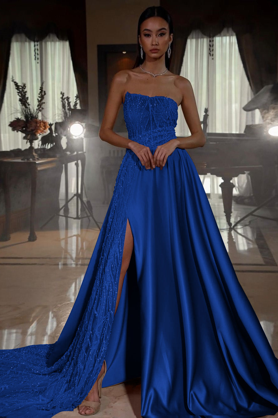 Pink Strapless Sleeveless Sequins A-Line Prom Dress with Split