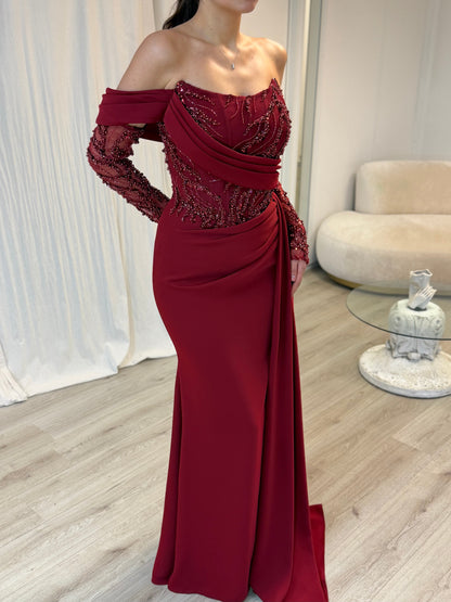 Burgundy Long SleevesOff-Shoulder Ruched Evening Dress