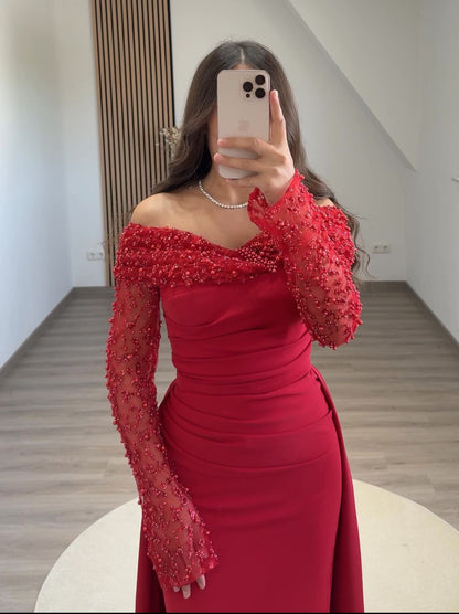 Long Sleeves Off-Shoulder Ruched Evening Dress