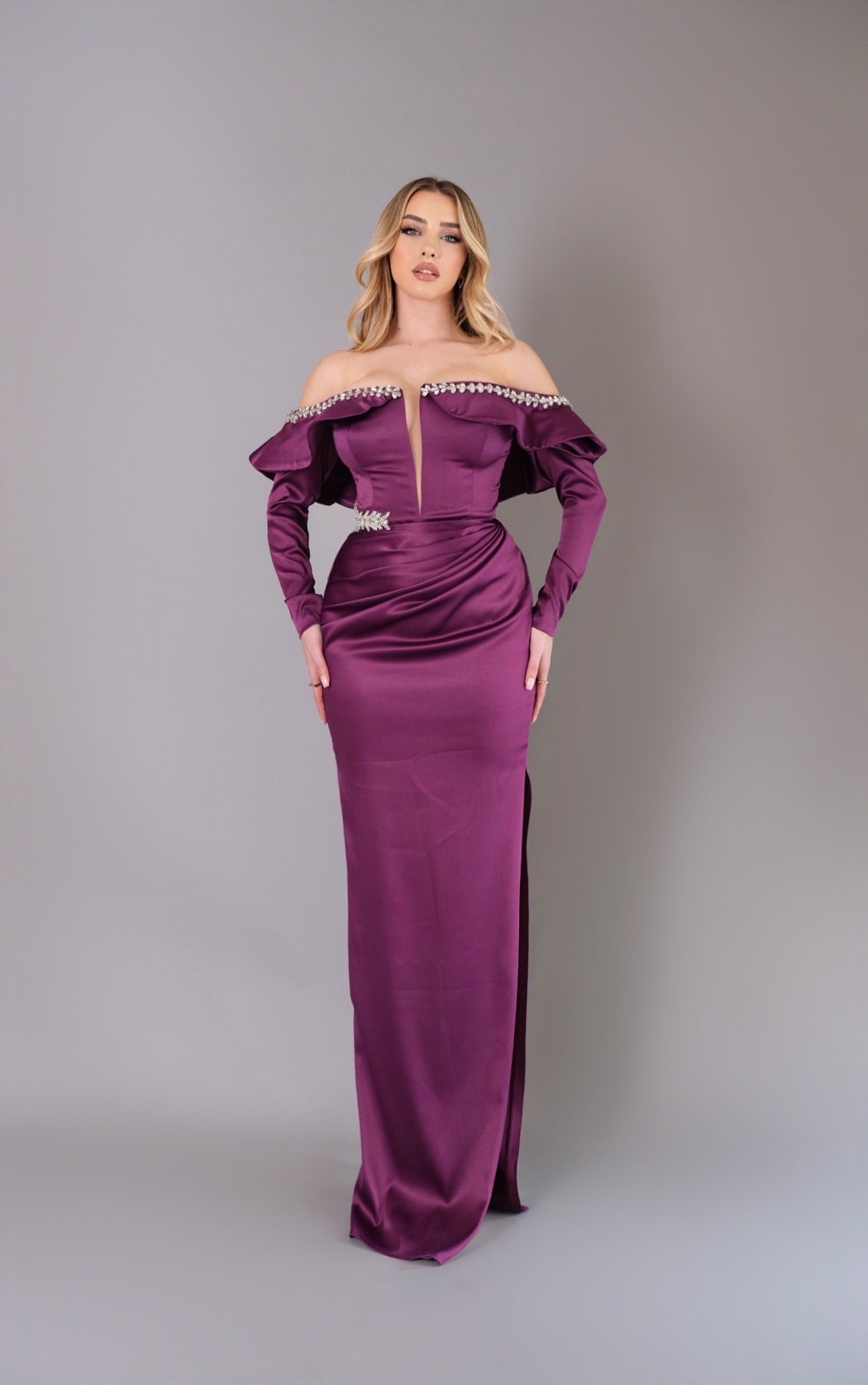 Simple Long Sleeves Off-Shoulder Ruched Evening Dress