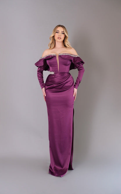 Simple Long Sleeves Off-Shoulder Ruched Evening Dress