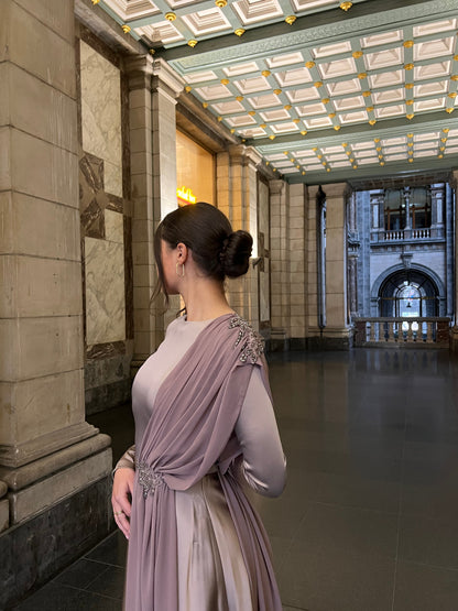 Purple Bateau Neck Long Sleves Back Zipper Formal Evening Gown