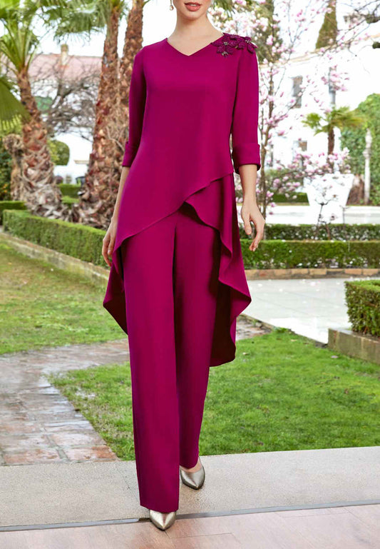 Long-Sleeves V-Neck Beaded Mother of the Bride Dress