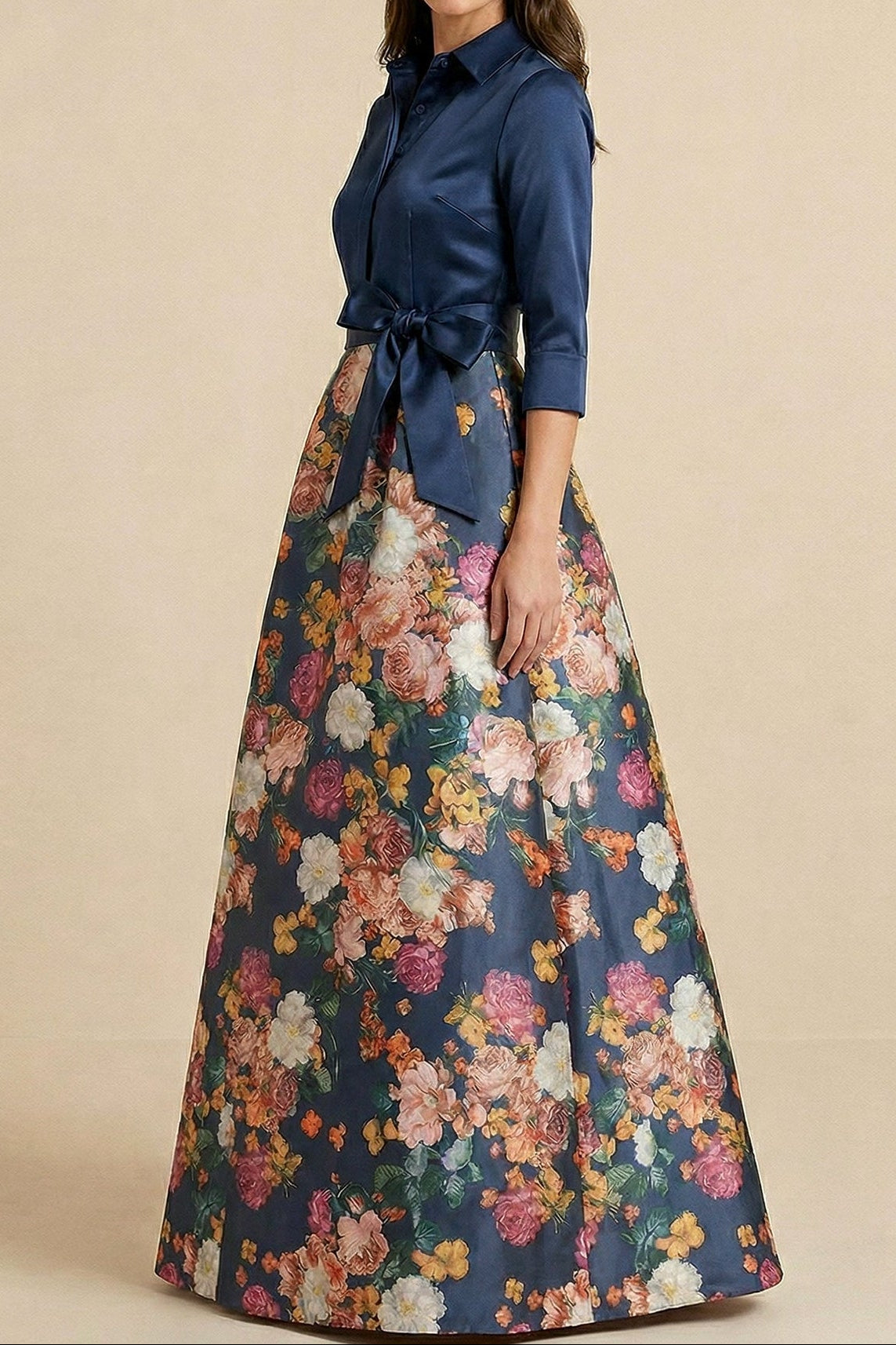 A-Line Collared 3/4-Sleeves Print-Satin Formal Cocktail Dress