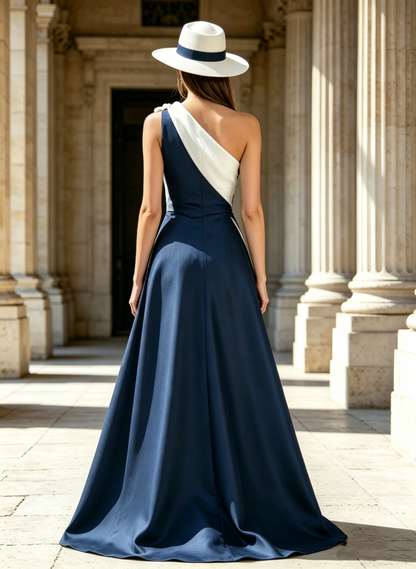 Elegant Two-Tone One Shoulder Satin Evening Gown
