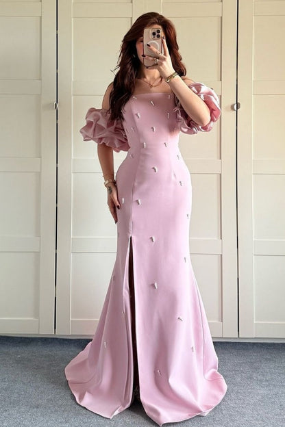 Sheath Strapless Lantern Sleeves Pearl Beaded Prom Dress
