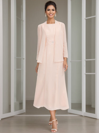 Column Jewel Neck Tea Length Mother of the Bride Dress