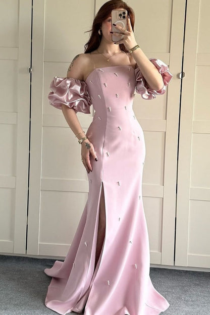 Sheath Strapless Lantern Sleeves Pearl Beaded Prom Dress