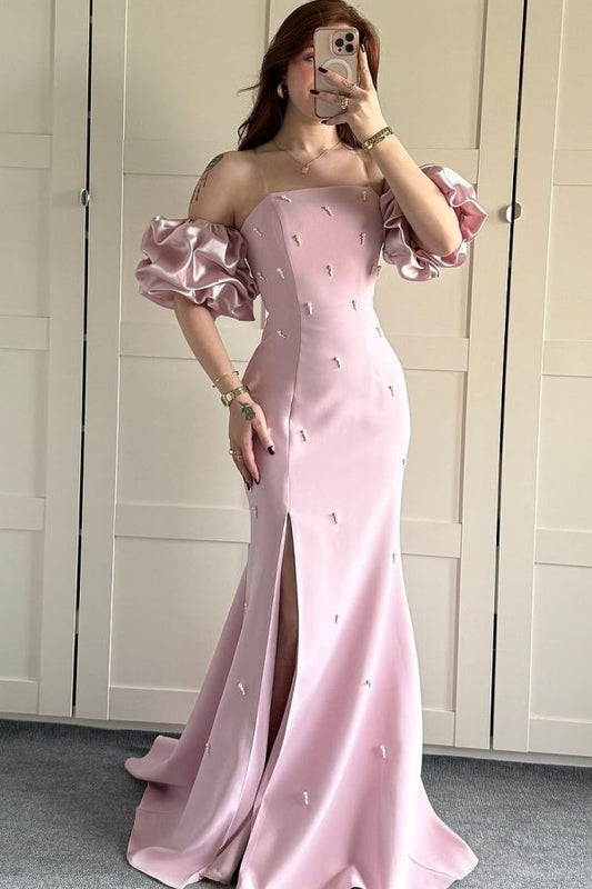 Sheath Strapless Lantern Sleeves Pearl Beaded Prom Dress