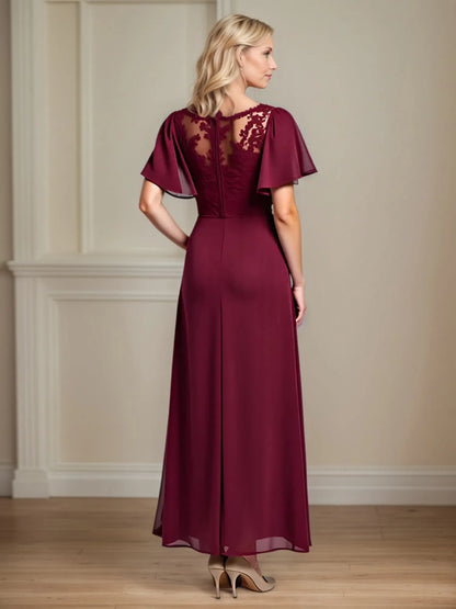 A Line Scoop Neck Short Sleeve Chiffon Mother of the Bride Dress