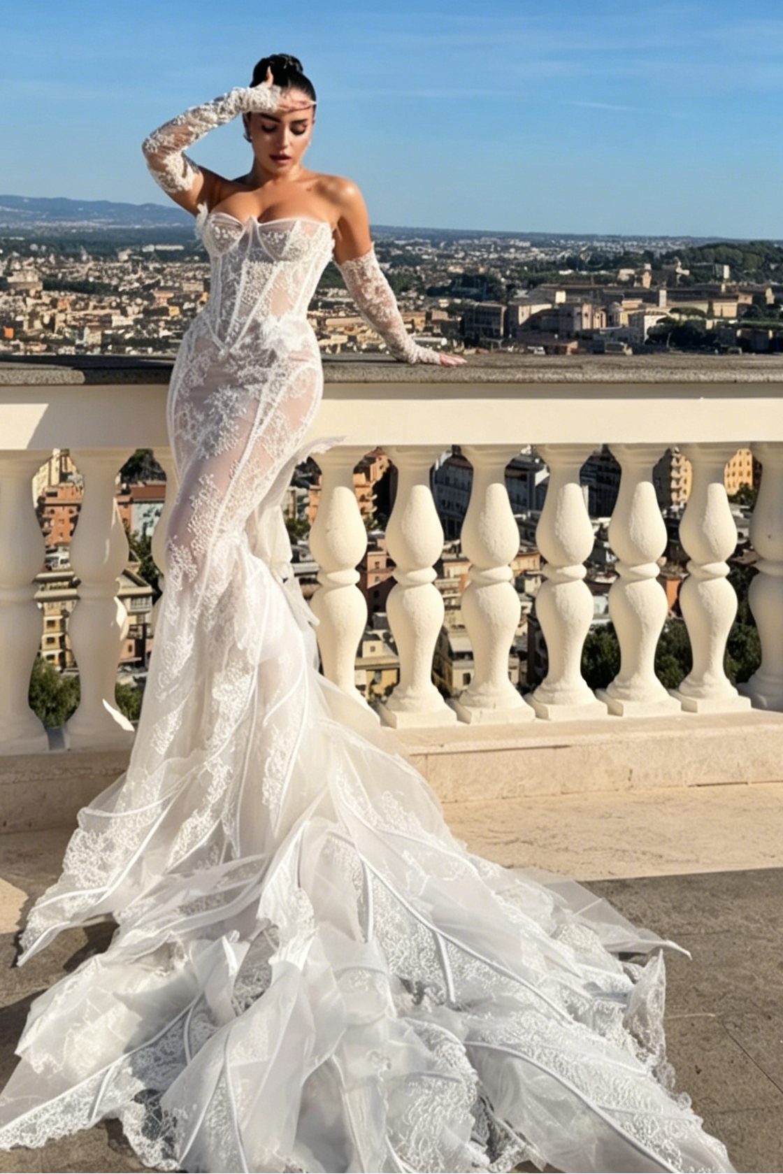 Lace Corset Mermaid Wedding Dress with Layered Train