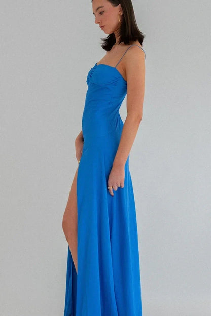 Simple Sheath Spaghetti Straps Pink Long Party Dress with Split Front