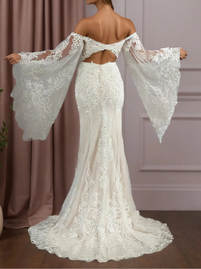 Off the Shoulder White Champagne Mermaid Lace Wedding Dress