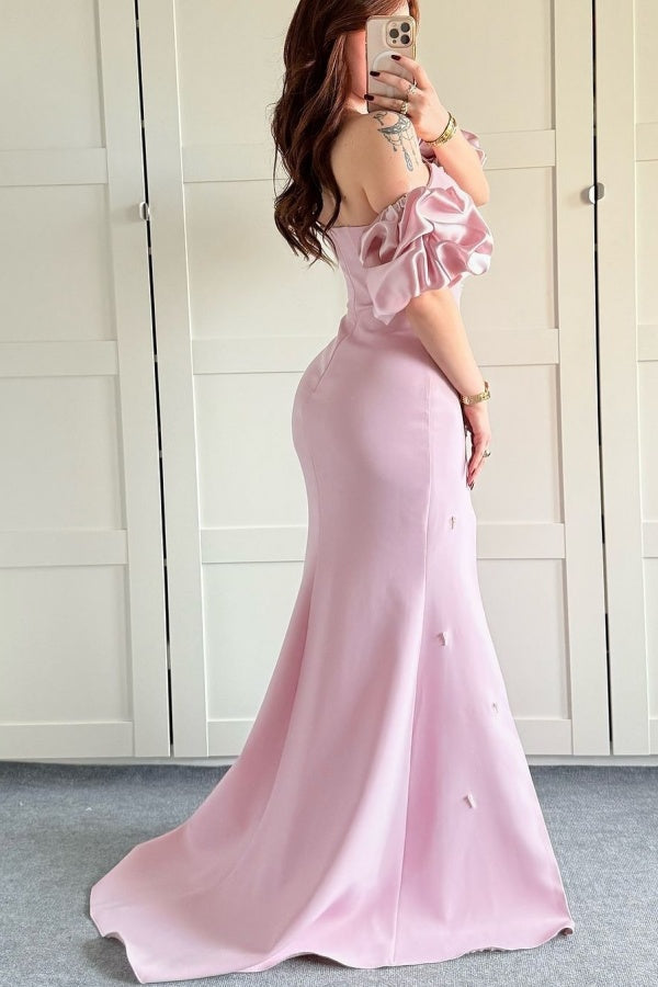 Sheath Strapless Lantern Sleeves Pearl Beaded Prom Dress