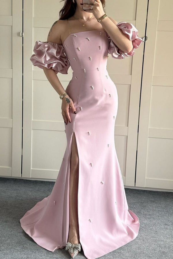 Sheath Strapless Lantern Sleeves Pearl Beaded Prom Dress